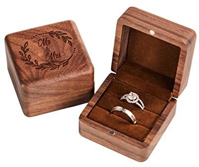 Roycraft Mr & Mrs Ring Box Wedding Day for Ceremony 2 Slots Engagement Ring Bearer Box Engraved Wooden for Proposal Day Jewelry Gift