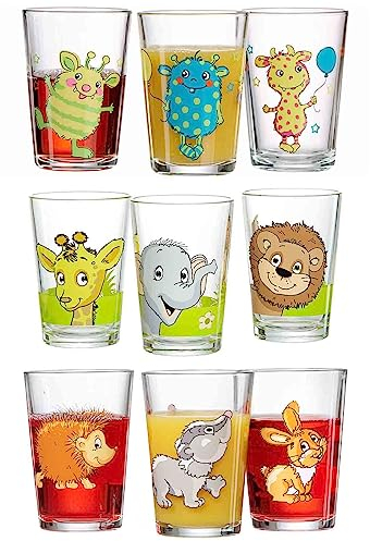 Ritzenhoff & Breker Kinderbecher mit Motiven, 9er Set, 205 ml, Spülmaschinengeeignete Kindergläser, Monsterchen/Dschungeltiere/Waldtiere, Bunte Tiermotive
