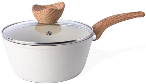 nuovva Non Stick Saucepan with Lid – Induction Small Saucepan – Cream Granite Saute Pan – Small Cooking Pot for Electric, Gas & Induction Hobs – Soup Pan - 16cm