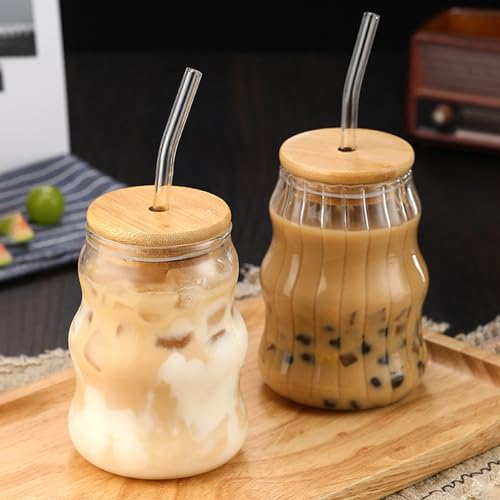 Neegaurd Juego de 2 vasos de burbuja, creativos vasos acanalados con tapa de bambú y pajita, vasos acanalados para latte macchiato, capuchino, vasos de café, juego de vasos de café