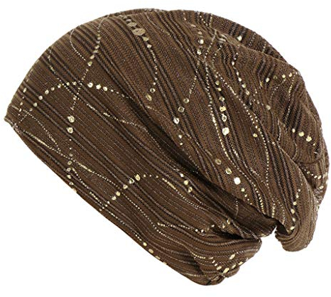 Strass Steine Nieten Jersey Baumwolle elastisches Long Slouch Beanie Damen Mütze Chemo Mütze Sommer (Coffee, One Size)