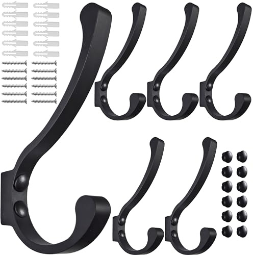 Coat Hooks for Wall, Heavy Duty Large Wall Hooks for Hanging Wall Mounted Metal Robe Hooks Utility Hooks for Coat, Scarf, Bag, Towel, Key, Cap, Cup, Hat (Black, 6 Pack)