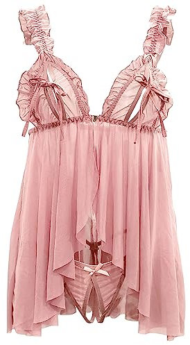 mini kitty Women’s Lingerie Set Sexy Babydoll Open Front Sheer See Through Cutout Nightwear Adjustable Strappy Nightdress with Thong Sleepwear for Honeymoon Romantic Night (Style 9, Pink)