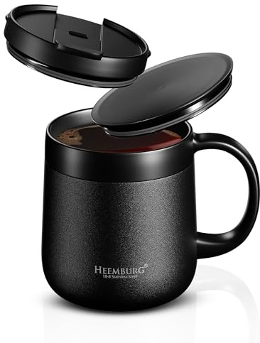 Heemburg Insulated Coffee Mug with Handle – Double Wall Stainless Steel Thermal Cup with 2 Lids, Non-Slip Base – Desk Coffee Mug for Office or Workplace, Keeps Drinks Hot for Hours (330ml)