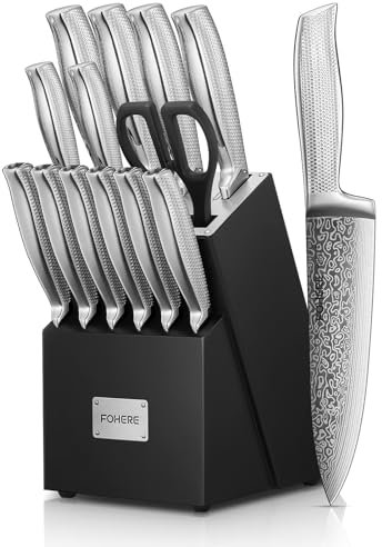 FOHERE Cuchillos Cocina, 14 piezas Juego de Cuchillos de Cocina con Tecnología Avanzada de Autoafilado, Bloque de cuchillos con mango ergonómico y acero inoxidable