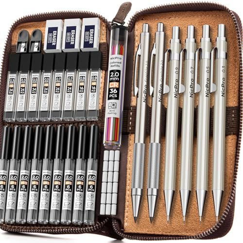 Nicpro Set di 33 matite meccaniche in metallo in custodia in pelle, matita da disegno artistico 0,3, 0,5, 0,7, 0,9 mm, portamatite da 2 mm per disegno e schizzi con 18 tubi (colori 6B 4B 2B HB 2H 4H