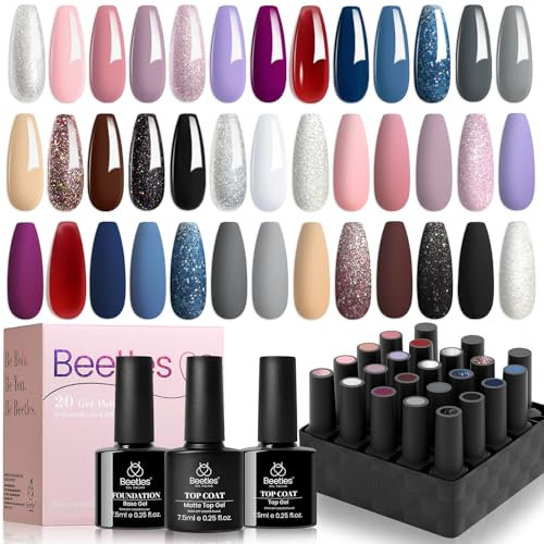 beetles 23Pcs Gel Nail Polish Set , All-Season Colours Nude Pink Gray Blue Burgundy Red Glitter Manicure Kit with 3Pcs Base and Glossy&Matte Top Coat, Soak off Uv Gel for Women Girls