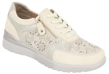 Chums Ladies Dr Keller Punchwork Trainer – Wide E Fit Lace-Up Shoe with Side Zip & Lightweight Design Beige 8