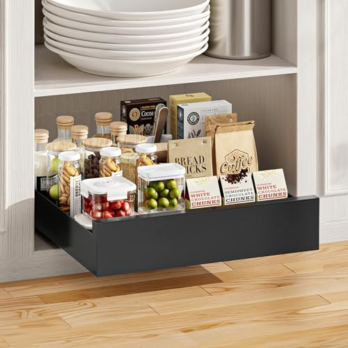 Warmiehomy Telescopic Drawer, Extendable Kitchen Drawer, Width 35 cm, Extendable Cabinet Organiser for Kitchen Cabinets, Sideboards, Bathrooms, Black Sliding Compartment, No Drilling, 35 x 43 x 8 cm