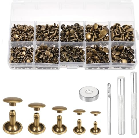 PATIKIL 340 Set Double Cap Leather Rivets Kit, 6mm-10mm Mixed Sizes Round Cap Tubular Metal Studs Leather Crafting Rivet for Fabric Belt Pet Collar Boot Bag Repair and Decoration,Bronze