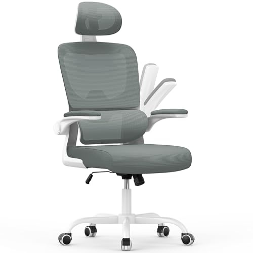 naspaluro Ergonomic Office Chairs, High Big Study Desk Computer Chair with Back Support, Adjustable Headrest and Flip-up Armrests Dark Gray Work Chair, Swivel Comfy PC Mesh Home Office Chairs