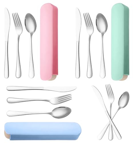 3 uppsättningar rostfritt stål camping bestick med fodral, bärbara resebestick, återanvändbara camping bestickset med skedar gafflar och knivar för skola kontor picknick, 3 färger