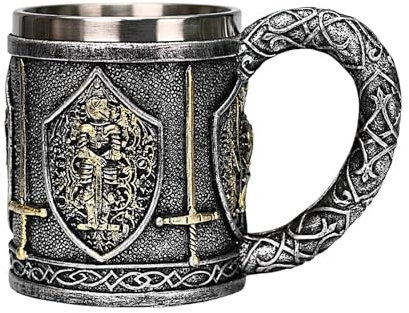 Beer Tankard | Knight Mug | Stainless Steel Medieval Mug | 450ml Stainless Steel, Medieval-Themed Design Tankard for Beer, Wine, Coffee | Norse Mythology Decor Great Gift for Men