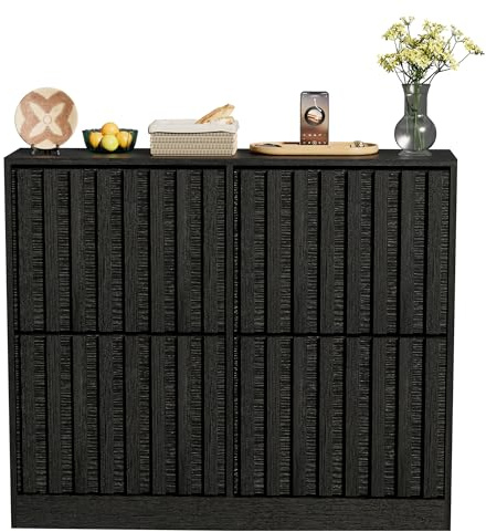 UEV Schuhschrank mit 4 Klappen Holz Schmal Schuhkipper Schuhkommode mit Kippschutz, Schuhaufbewahrung, Flurkommode Schuhregal Flur, Verstellbare Trennwände für Verschiedene Schuhtypen Schwarz