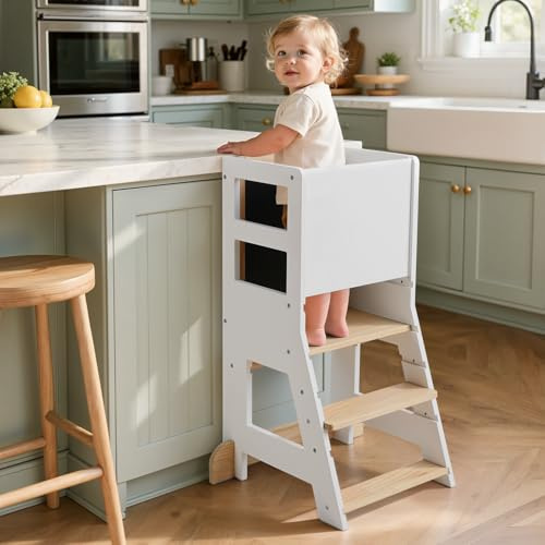 KIDINIX Torre de aprendizaje para niños a partir de 1 año, con pizarra blanca magnética y pizarra extraíble, altura ajustable, silla de aprendizaje Montessori para cocina y baño, antivuelco, color