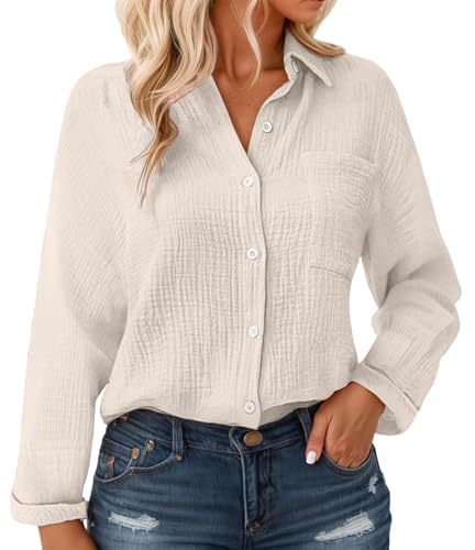 Chemise Femme Coton Et Lin Chemisier Femme Chic et Élégant Blous Manche Longue avec Bouton Col Relevé Haut Boutonné Printemps Été Chemisier Confortable Respirant Tee Shirt Outdoor Anti UV Tshirt