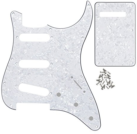 FLEOR Set 11 Löcher Pickguard E-Gitarren im SSS-Stil mit Befestigungsschrauben & die Rückplatte für USA/MEX ST Style Gitarrenteil, 4-lagige weiße Perle