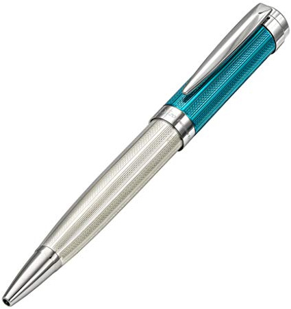 Xezo Stylo bille à rotation Incognito, argent massif 925 avec capuchon laqué bleu azur. Plaqué platine pur. Gravure lourde et coupe au diamant. Édition limitée