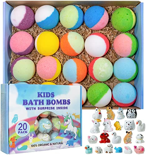 Yekery Bath Bomb Gift Set with Toys Inside, 20 Pack Organic Bath Bombs for Kids, Kids Safe Handmade Fizzy Balls for Kid, Ideal Birthday Gift for Boys & Girls