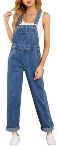 Vetinee Women's Indigo Skylight Bib Denim Overalls - Casual Jeans with Pockets - Straight Fit, Regular & Classic Fit - Medium, Size 8 & 10