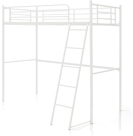 COSTWAY Metal Bunk Bed, Loft Bed Frame with Integrated Ladder & Safety Guardrail, Home Bedroom Apartment Dormitory Space-Saving Single High Sleeper Beds for Kids, Teens and Adults (White)