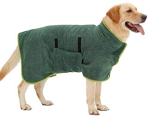 HezzLuv Bademantel für Hunde, Hundebademantel aus Mikrofaser für mittlere und große Hunde, super saugfähiger Haustier Trockenmantel, ganzjahres schnell trocknendes Hundehandtuch (Grün,XS)