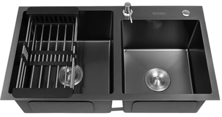 Fregadero de cocina doble de acero inoxidable con escurridor y dispensador de jabón, color negro, acero inoxidable, 78 x 43 x 22 cm