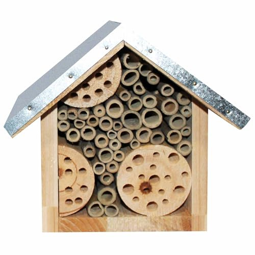 GIFTS 4 ALL Eco Friendly Bee & Wild Insect Hotel, Sturdy Garden Bug Hotel Made From Wood, Bamboo & Aluminium Roof, Garden & Balcony Bug Nest Measures 21cm (W), 20cm (H), 17cm (D), Includes FREE Seeds
