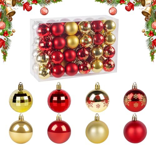 ilauke 48 Stück Christbaumkugeln, Weihnachtskugeln Ornamente Christbaumkugeln Plastik Bruchsicher Weihnachtsbaumschmuck für WeihnachtsbaumDeko,Red+Gold