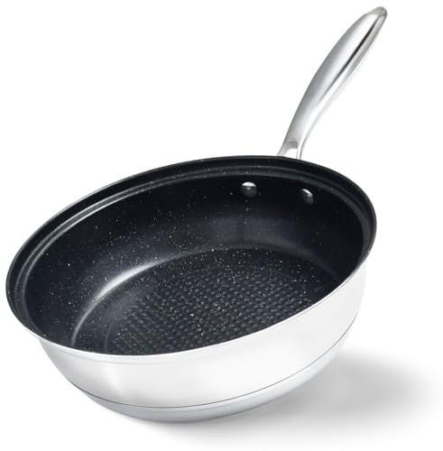 HOUSLUX Bratpfanne 24 cm Induktions Edelstahlpfanne aus Antihaftbeschichtung für alle Herdarten geeignet, Premium-Edelstahl (Silberweiß, 24CM)