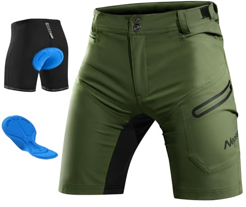 Nepest Mountainbike Hose Herren Kurz MTB Mhorts Gel 3D Radfahrerhose Herren mit Tasche Radhose Atmungsaktiv Locker Armeegrün,M