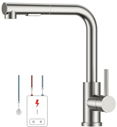 FORIOUS Niederdruck-Küchenarmatur, Einhebel-Warm- und Kaltwasserhahn, Wasserhahn mit 3 anschluessen fuer boiler, geeignet für Boiler und Untertischboiler, Roestvrij Staal