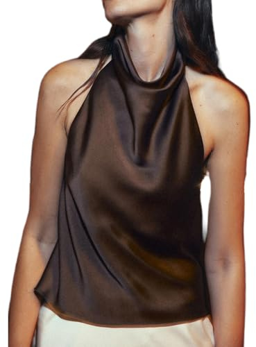 CocMouse Women Halter Backless Tank Tops Sexy Sleeveless High Mock Neck Crop Cami Shirt Y2k Summer Satin Going Out Tops (Dark Brown, S)