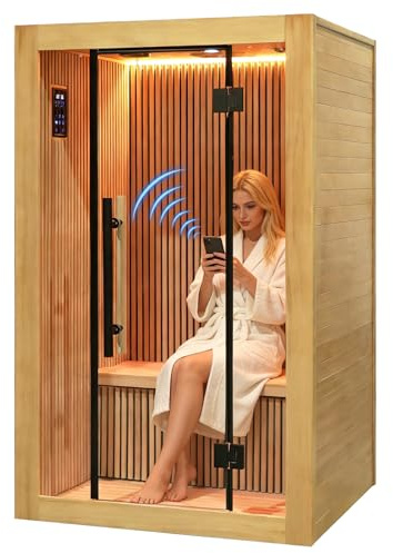 Amocane Far Infrared Wooden Sauna with WiFi Control, 1-2 Person Infrared Sauna Spa with Remote Control, Canadian Hemlock Dry Sauna with 5 Carbon Heaters, Personal Corner Saunas for Home & Gym