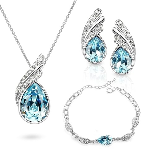 Crystalline Azuria Donna 18ct Placcato Oro Bianco Lacrima Cristalli Blu Acquamarina simulato Parure Collana Orecchini Bracciale