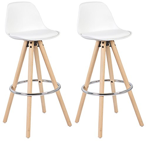 WOLTU Barhocker 2er Set Barstuhl aus Kunststoff Holzgestell mit Lehne + Fußstütze Design Stuhl Küchenstuhl optimal Komfort Weiss