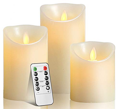 OSHINE Velas LED,velas sin llama,4 5 6 Set de 3 de cera real Dripless marfil incluyen baile realista llevó las llamas y 10teclas de Control Remoto con Función de temporizador de 24h