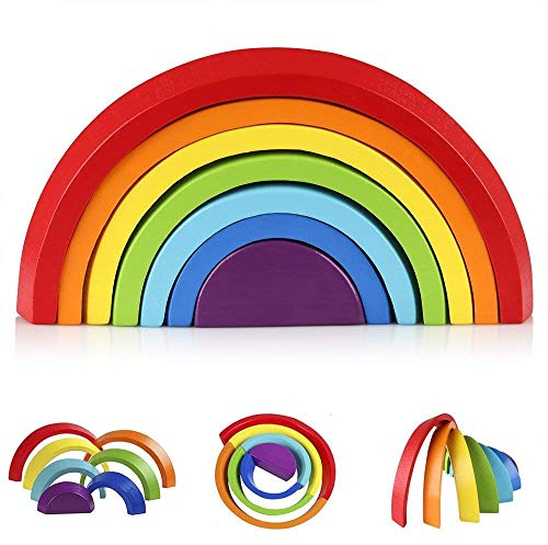 KanCai Regenbogen Holz Spielzeug Bausteine Vorschule Stapeln Spielzeug Baby Lernen Spielzeug Pädagogische Puzzle für Kinder