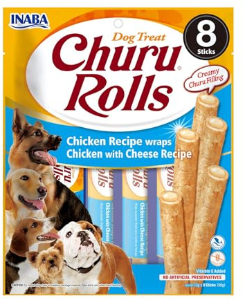 Churu Rolls by INABA Dog Treat - Chicken & Cheese Flavour (8 x 12g) / Crispy Sticks with Creamy Filling Dog Treat, Delicious & Healthy Snack, Hand Feeding, Training, Natural, Grain Free