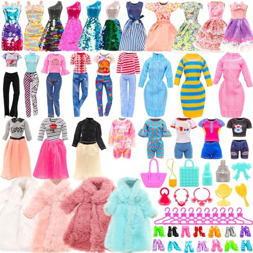Festfun 45 Pcs Vêtements & Accessoires Pour Poupée de 11,5 Pouces - 1 Manteau, 1 Chandail, 7 Robes, 5 Habits, 10 Chaussures, 10 Cintres, 11 Accessoires