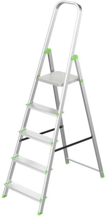Keroppa, Escalera de Tijera Plegable, Marca Española. Escalera de Aluminio, 5 peldaños, con Gancho de Pared, Multiusos, Antideslizante, Ligera y Resistente, Escalera Doméstica, Fácil Transporte