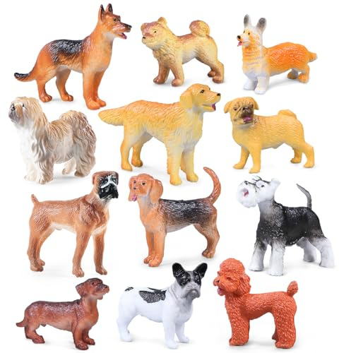 Set di 12 mini statuette per cani realistiche, statuette di cuccioli di plastica, animali in miniatura, giocattoli per cani e cupcake topper, uova di Pasqua, compleanno