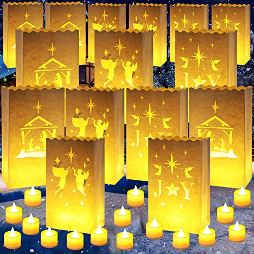 Meanplan 45 Sets Christmas Luminary Bags with Flameless LED Candles, Flame Resistant Lantern Bags with LED Tea Lights Candles for Holiday Thanksgiving Pathway, Yard, and Party Decorations(Christian)