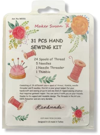 Maker Susan 24 Color Handy Polyester Sewing Threads Kit 25m/27yds Each with 5 Sewing Needles, Thimble, Needle Threader for Travel Family Everyday or Emergency and DIY