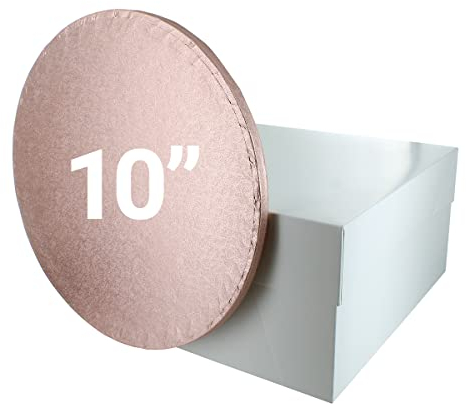 Culpitt 10 Rose Gold Cake Board & White Box Combo, Round Drum With Matching Container, 0.5'' (13mm) Thick, Square Transport, 10 Inch, Single Pack, 90273