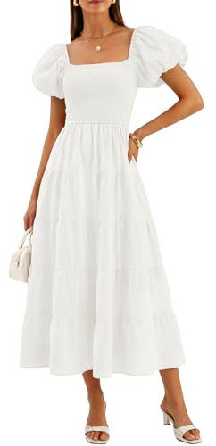 ZESICA Robe d'été 2023 à Volants et col carré, Manches Courtes Bouffantes, Unie, Taille Haute, décontractée, smockée, Ligne A, Blanc, L