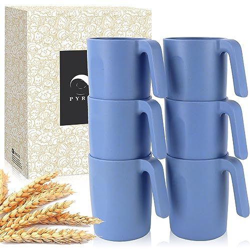 PYRMONT Wheat Straw Cups-Mug Set of 6,Reusable Plastic Coffee Mug,Tea Cup with Handles,16 oz Mug Set for Coffee,Camping,Unbreakable Drinking Glasses,BPA-Free,Dishwasher & Microwave Safe - Blue