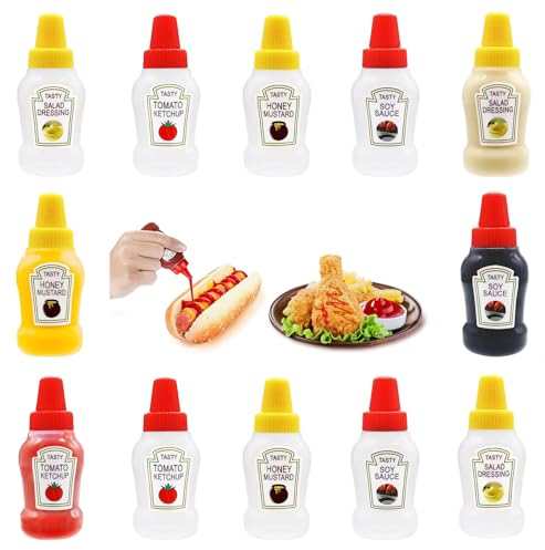 SUWIWKKOA 12 Stück Mini Flaschen 25ml Mini Quetschflasche Ketchup Spender Squeeze Flasche Tragbare Quetschflasche Plastikflaschen Zum Befüllen Mit Etiketten Für Ketchup Sojasauce Honigsauce
