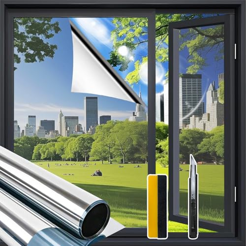 Zindoo Pellicola per vetri Finestre Argento 44.5 * 200cm con Strumenti di Installazione Pellicola Oscurante vetri Finestre 99% Anti-UV Controllo del Calore, Adatto per Ufficio Casa