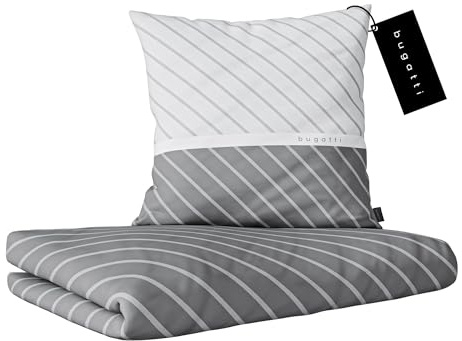 bugatti Bettwäsche 155 x 220 cm - 100% Baumwolle, Reißverschluss, anschmiegsam, weich & waschbar, Mako Satinbettwäsche gestreift grau